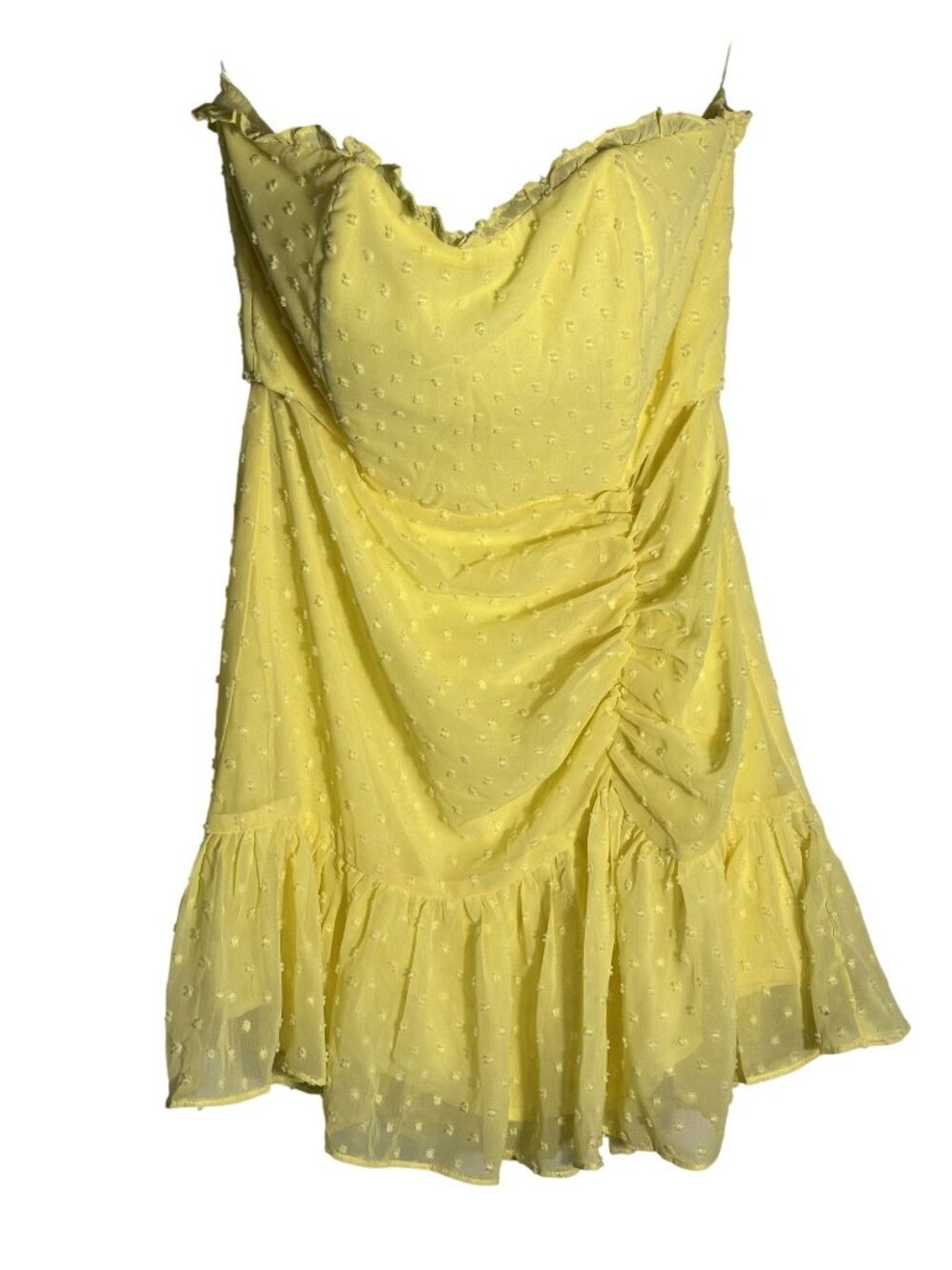 Hello Molly Face On Magazines Strapless Yellow Mini Dress Ruffle Hem Ruching - Picture 3 of 13